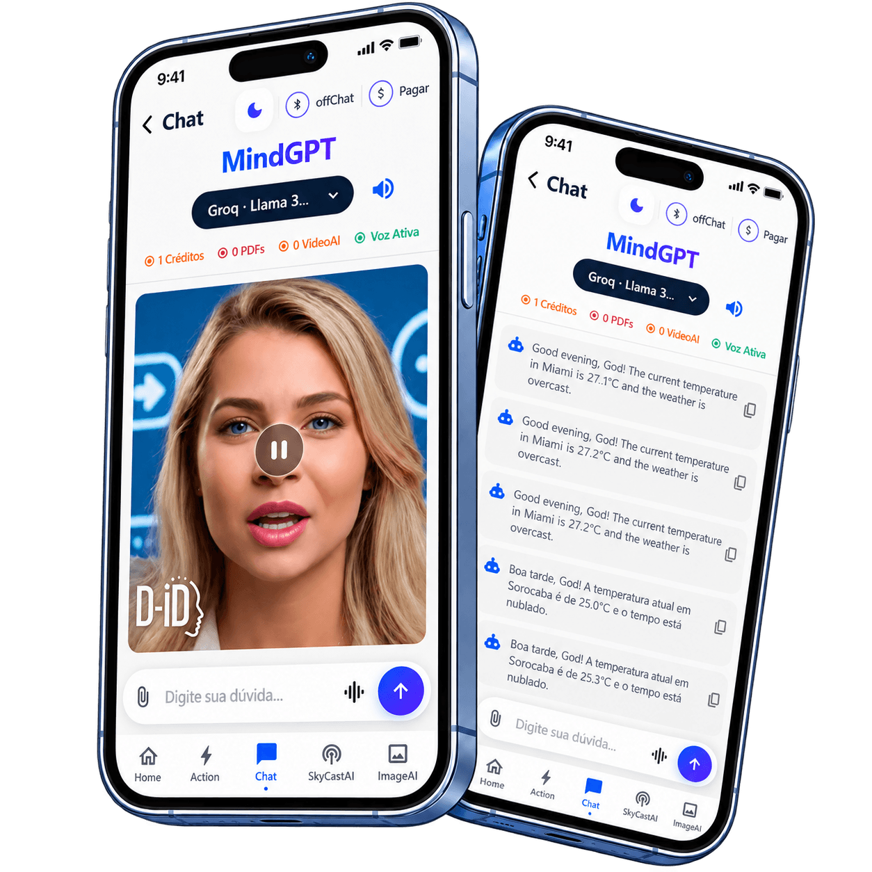 App MindGPT em dois celulares — tela inicial e criar imagem